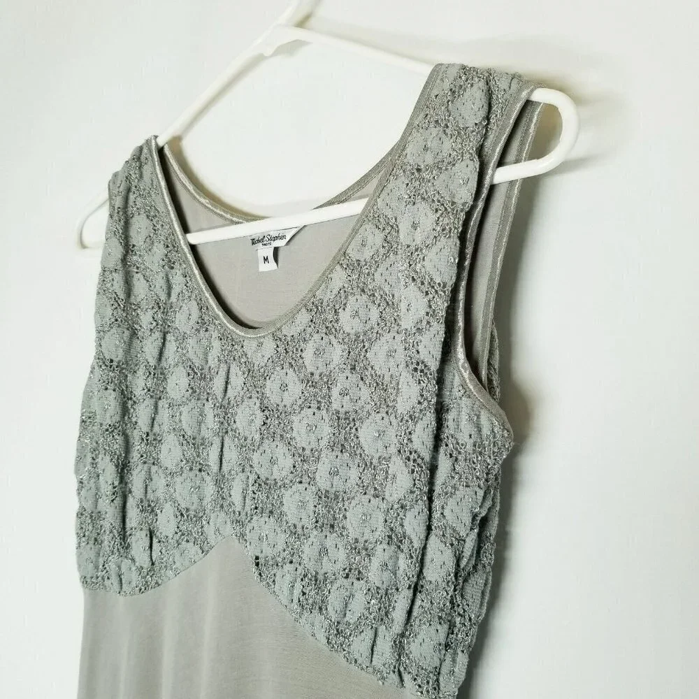 Michel Stephen Via Moda long grey gray‎ maxi dress stretchy lace sleeveless M